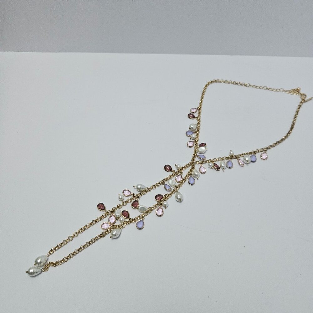 White House Black Market Purple Pink Stone Faux Pearl Gold Tone Necklace